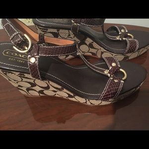 Coach Wedges Brown Strappy Leather with Fabric 10B